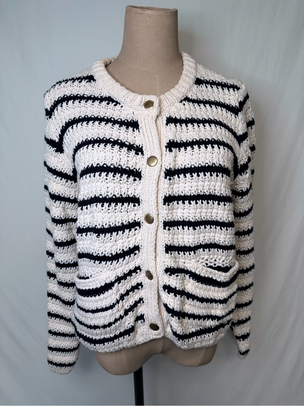 Zara Cream and Navy Striped Crochet Button Cardigan - Gold Buttons